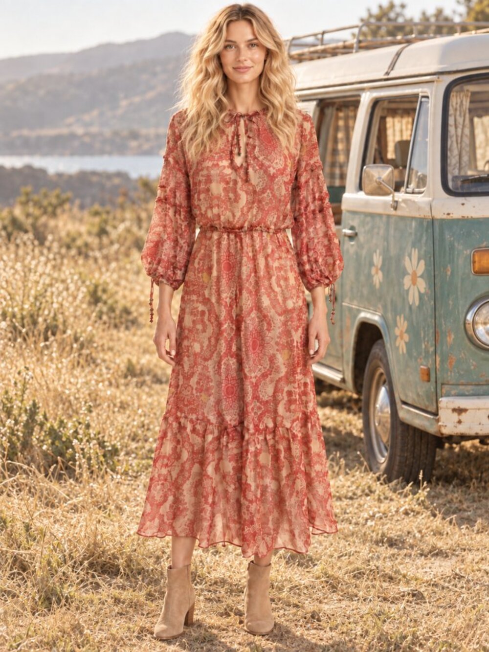 The Kooples Sunrise Chili Pepper Boho Floral Maxi Dress Beads Size 1 (US 4) NWT